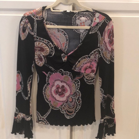 Trina Turk Black Multicolor V-Neck Boho Silk Top w/ Bell Sleeves - Picture 2 of 9